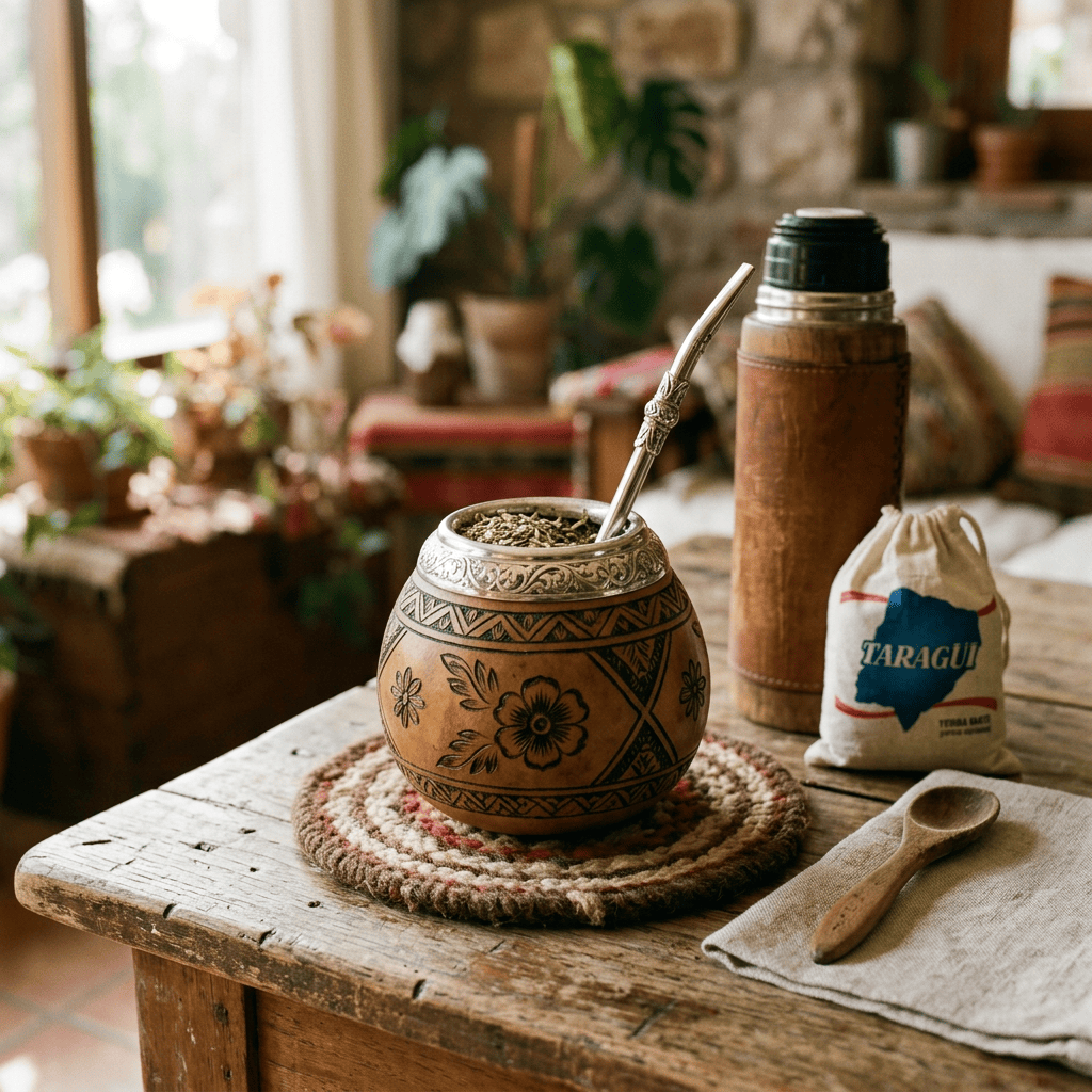 Decorated mate gourd with metal straw, Taragüi yerba mate, thermos, and spoon