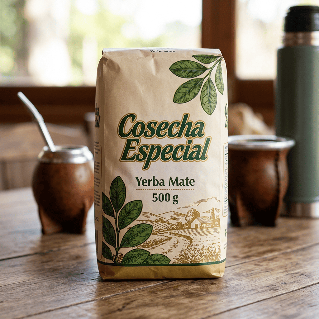 Cosecha Especial Yerba Mate 500 g package beside mate gourds