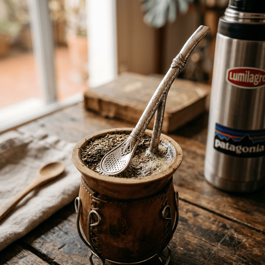 Yerba mate gourd with metal bombilla beside a thermos