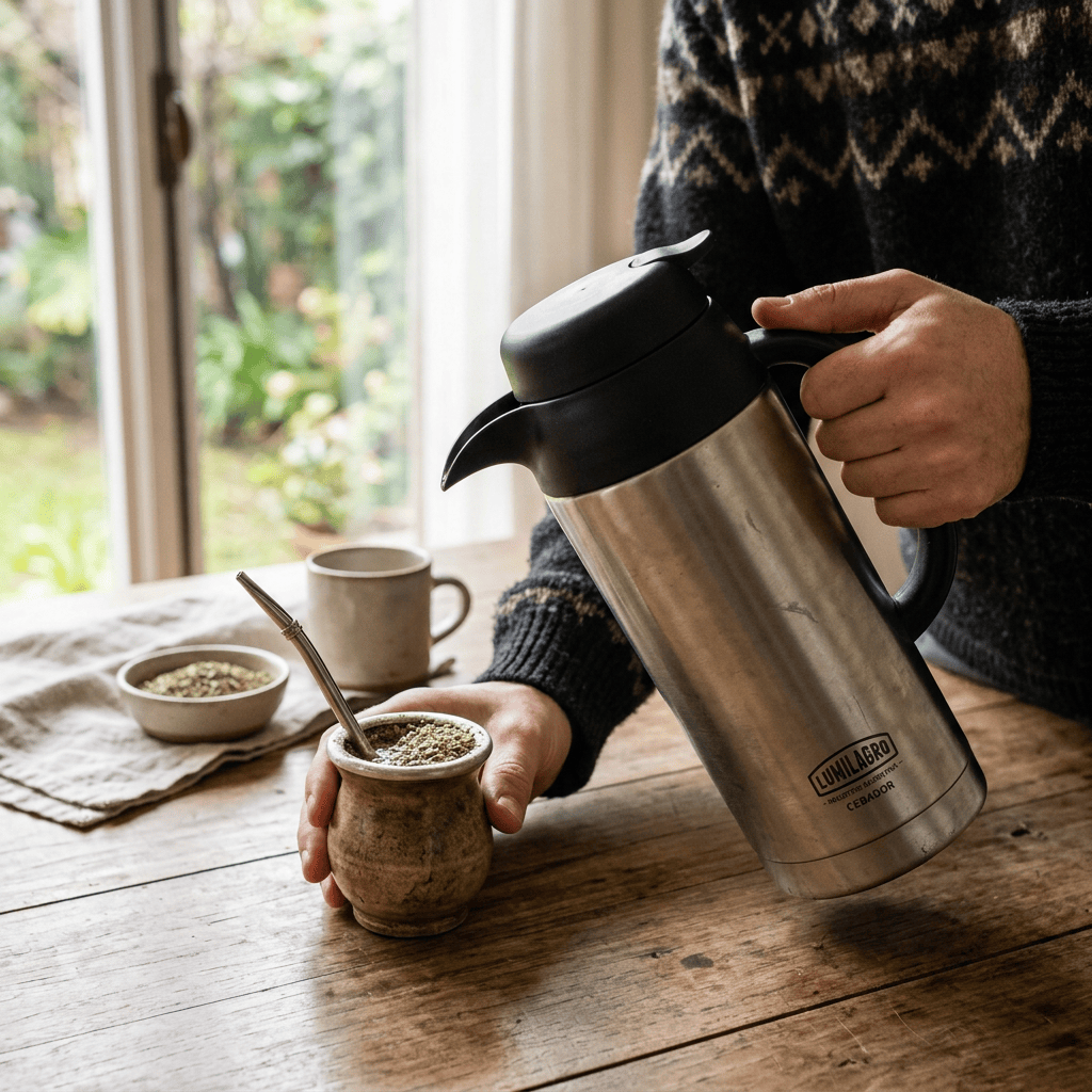 Person pouring hot water into a mate gourd beside a window